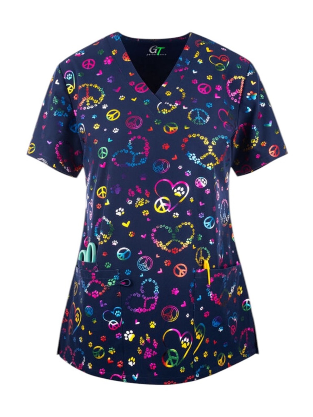 Green Town Peace & Paws Foil Women's 3-Pocket STRETCH V-Neck Print Scrub Top